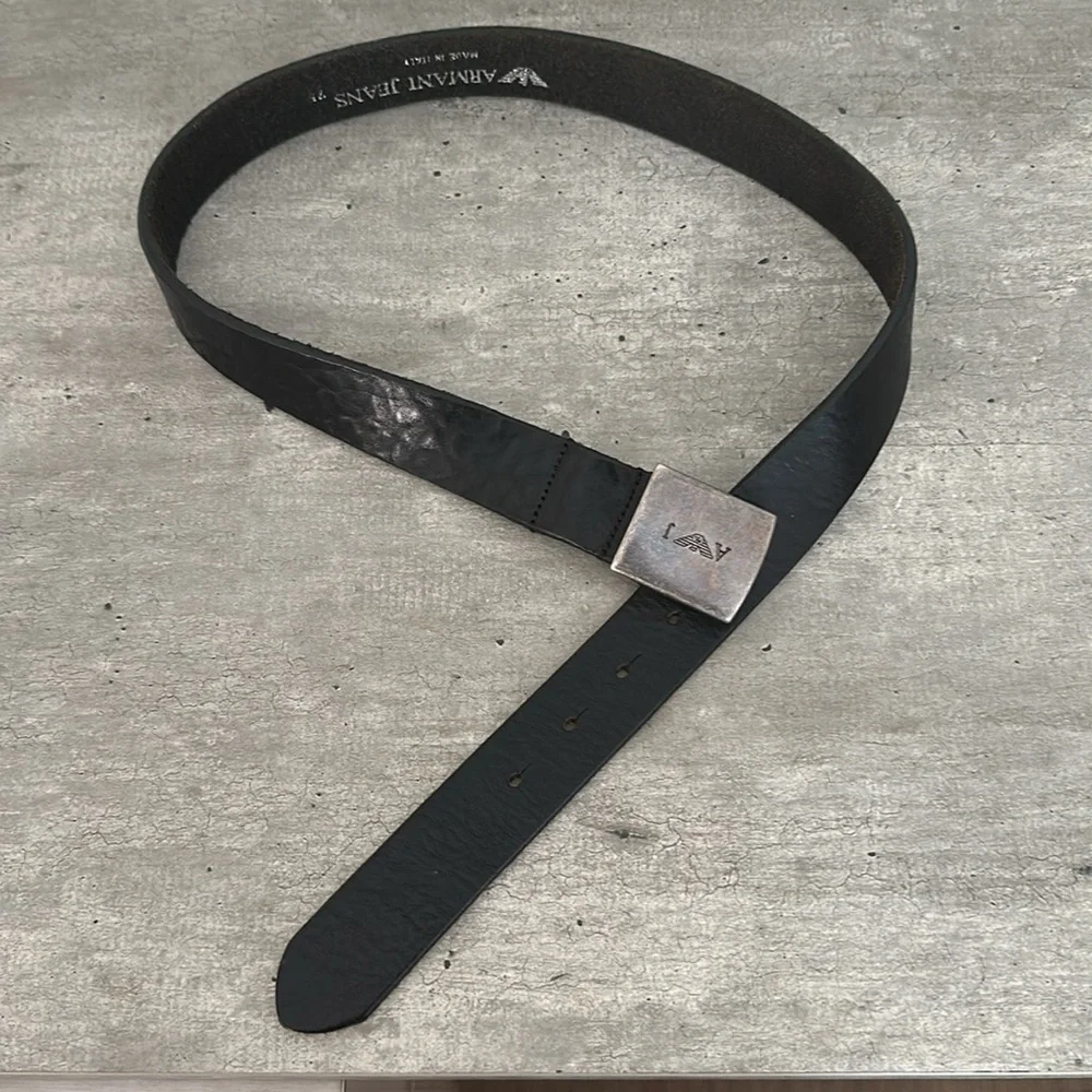 Armani Jeans Black Leather Belt with Metallic Buckle